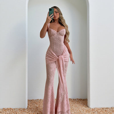 Lace camisole and hip revealing sleeveless jumpsuit