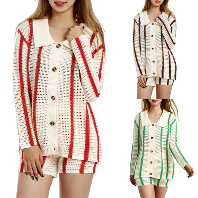 Women Striped Knitted Shirts Tops Cardigan