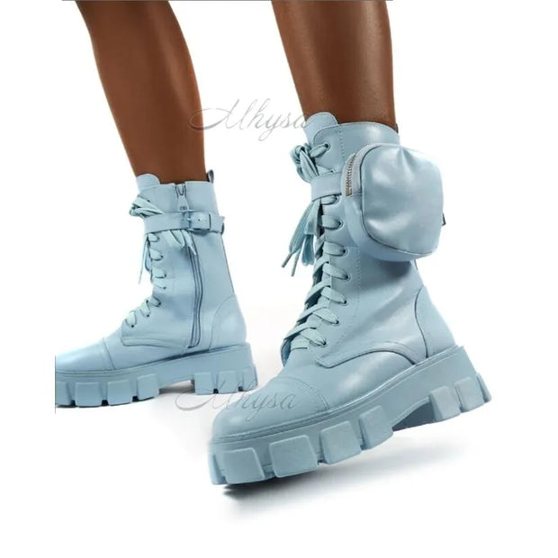 Women Pocket Boot Lace Up Ladies Ankle Boots
