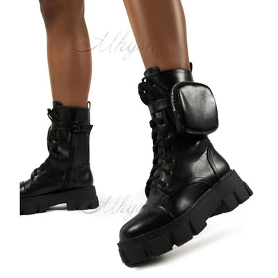 Women Pocket Boot Lace Up Ladies Ankle Boots